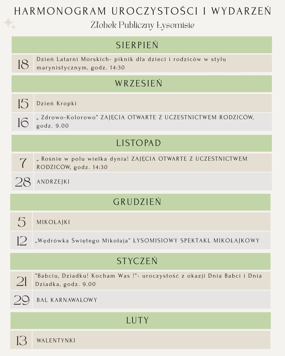 Harmonogram Uroczystości w Żłobku