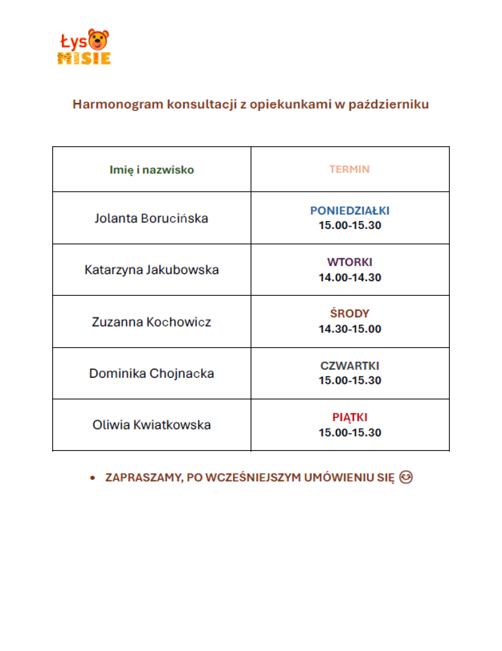 Harmonogram konsultacji z opiekunkami w październiku