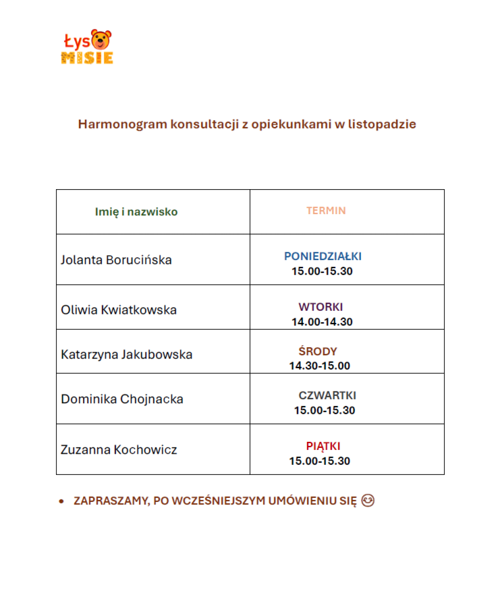 Harmonogram konsultacji z opiekunkami w listopadzie