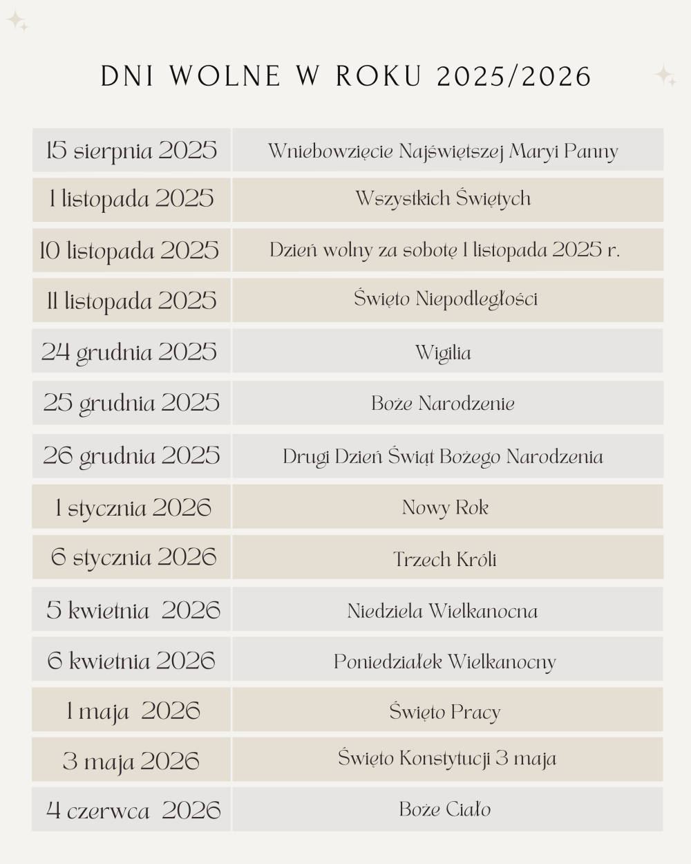 Dni wolne w roku 2025/2026