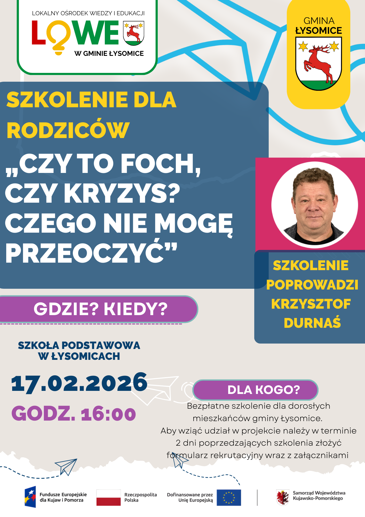 LOWE w Gminie Łysomice — zaproszenie do udziału w bezpłatnym szkoleniu dla rodziców